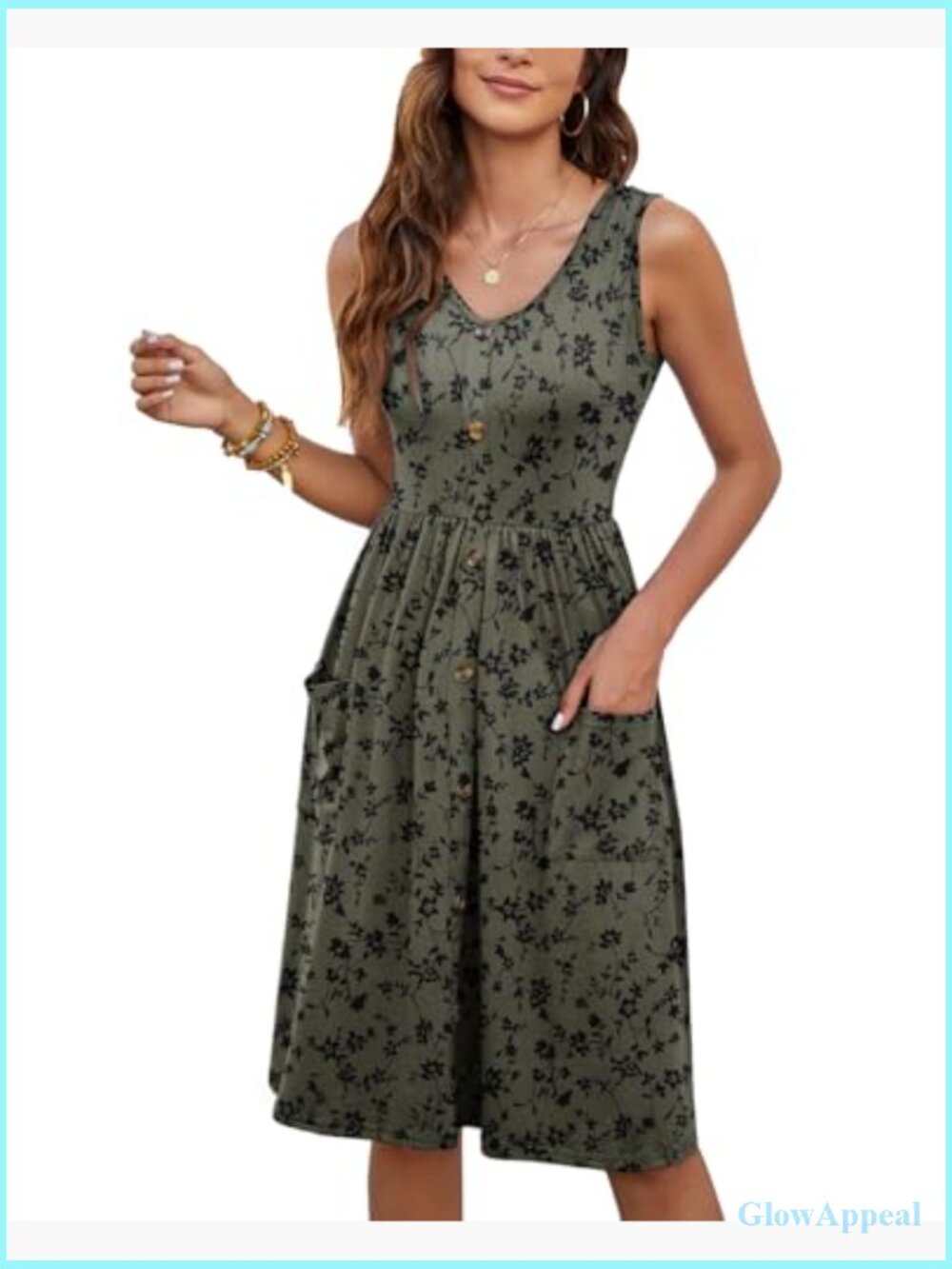 Sleeveless Swing Midi Dress with Pockets Casual Button Down - Picture 5 of 7